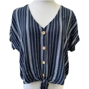 UNIVERSAL THREADS Blue Striped Button Blouse XL Short Sleeve Tie Front Top